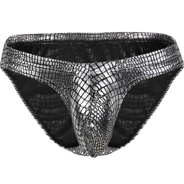 Pinky Senson Mens Faux Leather Underwear Sexy Bright Briefs Underpants Bulge Pouch Club Panties Gold Silver Shorts