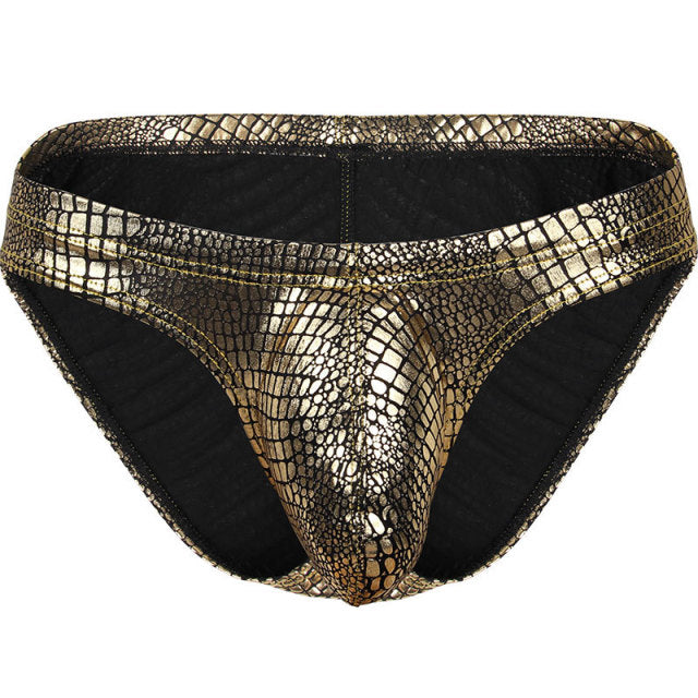 Pinky Senson Mens Faux Leather Underwear Sexy Bright Briefs Underpants Bulge Pouch Club Panties Gold Silver Shorts