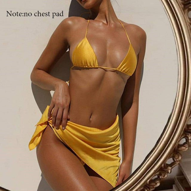 3 Piece Bikini Solid Color Bathing Suit Women