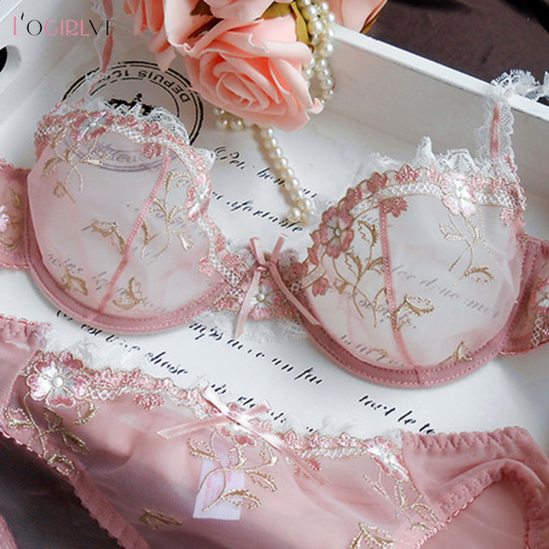 Logirlve Exquisite embroidery lotus pink ultra-thin women sexy transparent lace underwear bra set