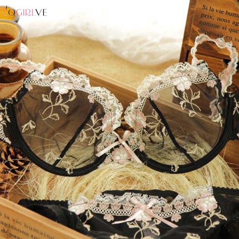 Logirlve Exquisite embroidery lotus pink ultra-thin women sexy transparent lace underwear bra set