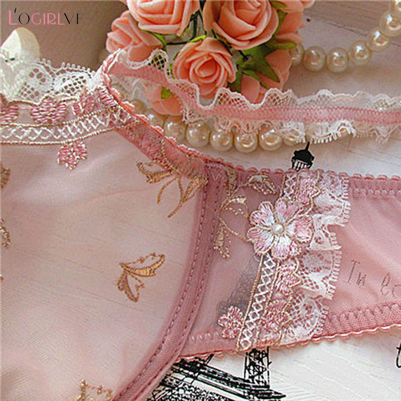 Logirlve Exquisite embroidery lotus pink ultra-thin women sexy transparent lace underwear bra set