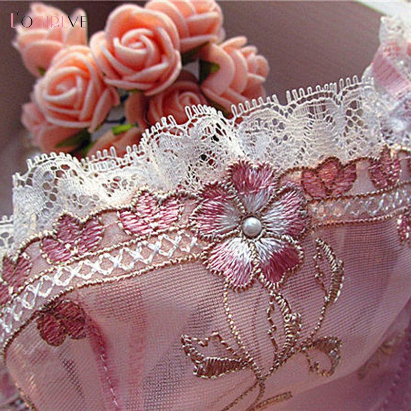 Logirlve Exquisite embroidery lotus pink ultra-thin women sexy transparent lace underwear bra set