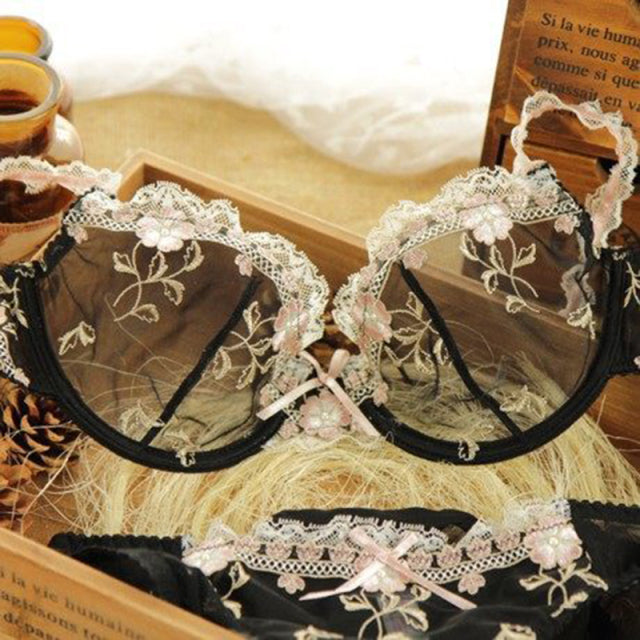 Logirlve Exquisite embroidery lotus pink ultra-thin women sexy transparent lace underwear bra set