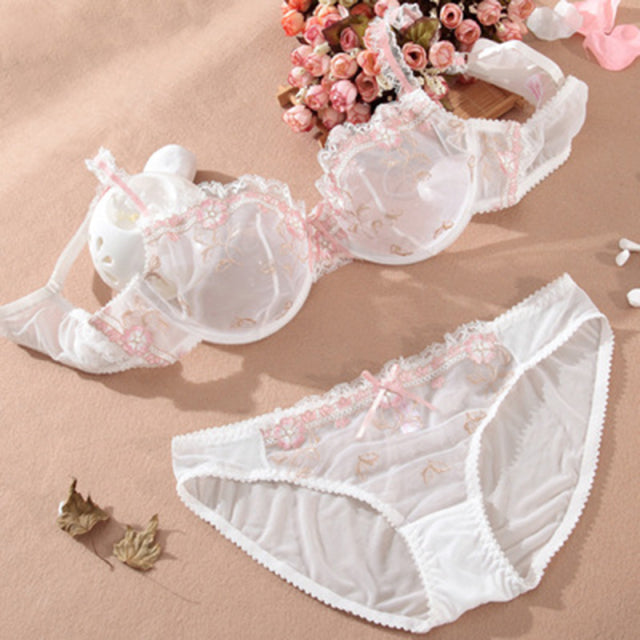 Logirlve Exquisite embroidery lotus pink ultra-thin women sexy transparent lace underwear bra set