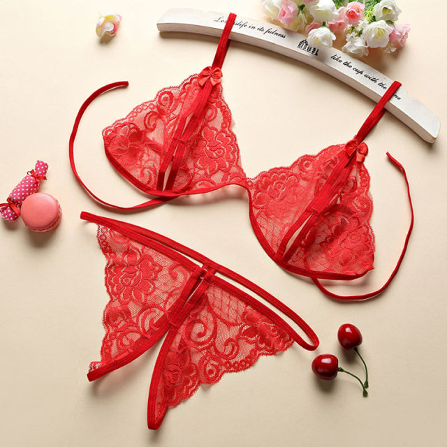 Exotic 2-piece set Lingerie Transparent Lace Red Sex Dress Hollow Out Lingerie+Thong+Garter