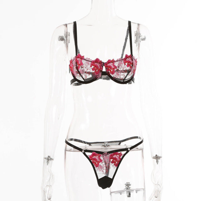 Sexy Lingerie Set Erotic Thong Push-up Bra Women Underwear Set Panty Bra Set Sexy Lace Embroidery Lingerie Transparent Bra