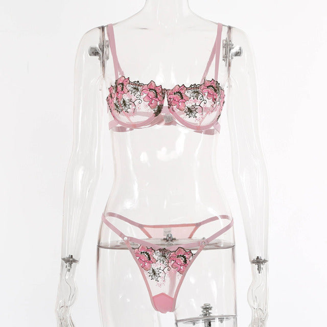 Sexy Lingerie Set Erotic Thong Push-up Bra Women Underwear Set Panty Bra Set Sexy Lace Embroidery Lingerie Transparent Bra