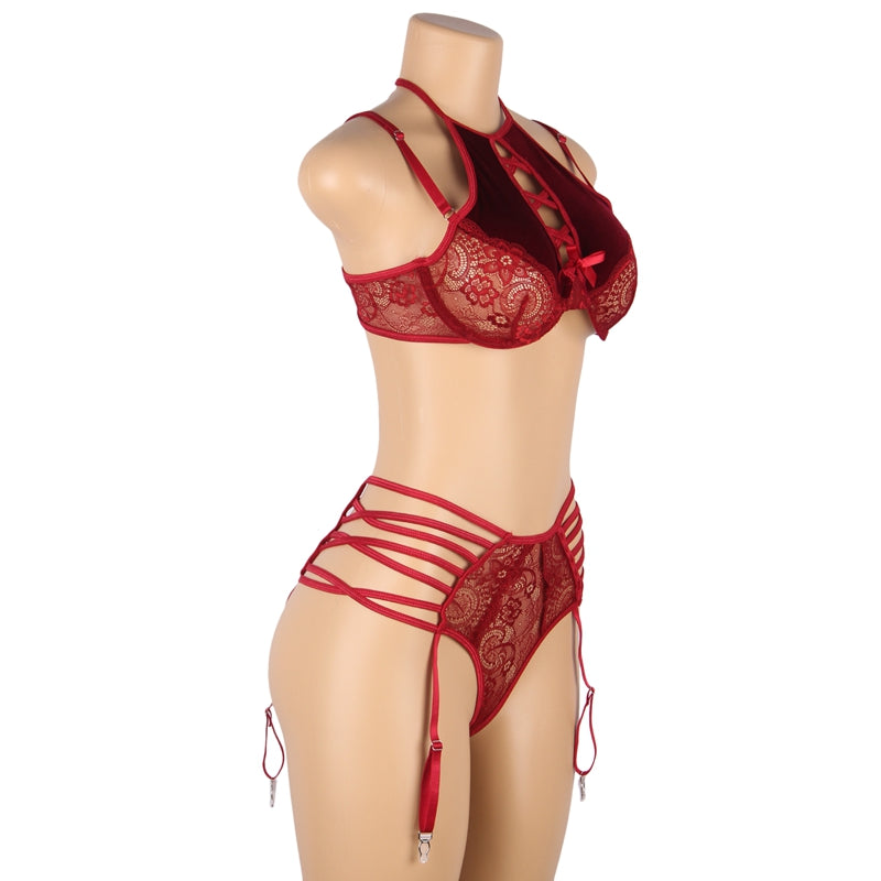 Comeondear Women Sexy Floral Lace Patchwork Gartered Lingerie Set With Underwire Female Underwear Bra Panty Plus Size