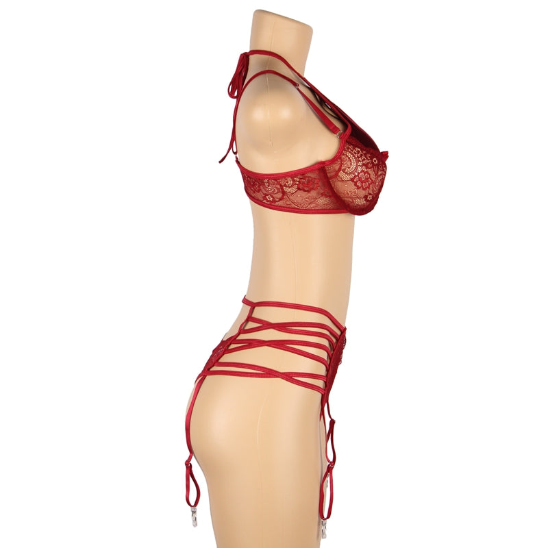 Comeondear Women Sexy Floral Lace Patchwork Gartered Lingerie Set With Underwire Female Underwear Bra Panty Plus Size