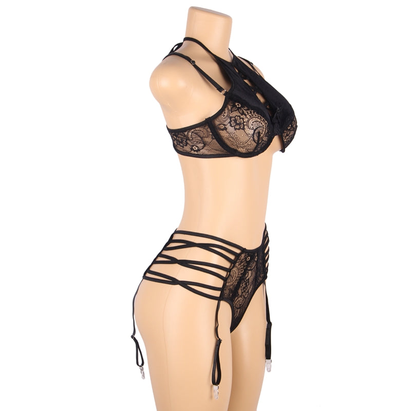 Comeondear Women Sexy Floral Lace Patchwork Gartered Lingerie Set With Underwire Female Underwear Bra Panty Plus Size