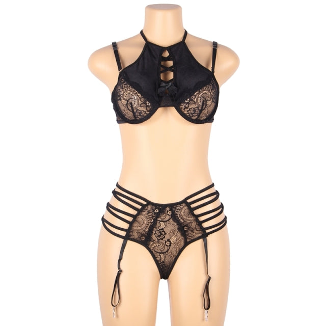 Comeondear Women Sexy Floral Lace Patchwork Gartered Lingerie Set With Underwire Female Underwear Bra Panty Plus Size
