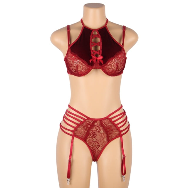 Comeondear Women Sexy Floral Lace Patchwork Gartered Lingerie Set With Underwire Female Underwear Bra Panty Plus Size