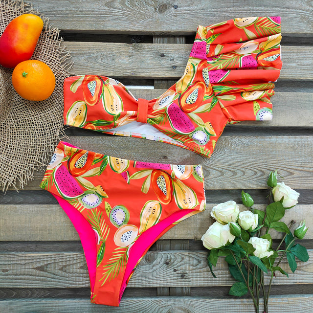 One Shoulder Swimsuit Print Bikinis Brazilian Bikini Set High Waist Swimming Suits Bathing Suit Summer Beachwear