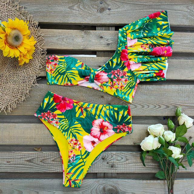 One Shoulder Swimsuit Print Bikinis Brazilian Bikini Set High Waist Swimming Suits Bathing Suit Summer Beachwear