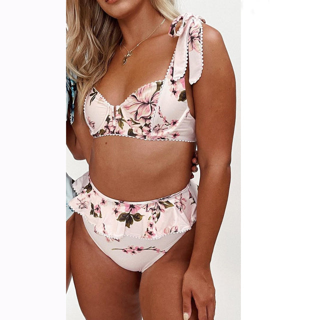Sexy High Waist Bikini Swimwear Women Print Swimsuit Push Up Ruffle Bikinis Set Women Bandage Bathing Suit Summer Beachwear