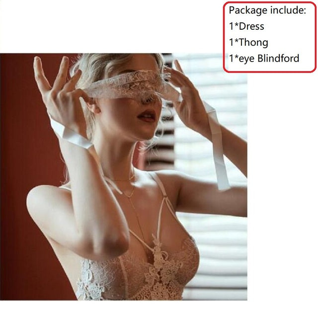 Sexy Sleepwear Women Backless Wear Night Gowns With Thong Sets V-neck Lace Sexy Ladies Dress