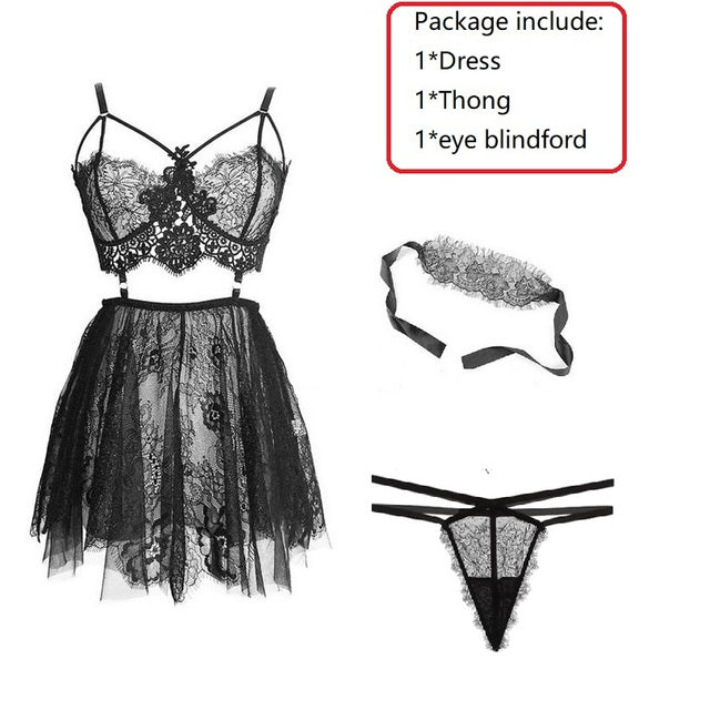 Sexy Sleepwear Women Backless Wear Night Gowns With Thong Sets V-neck Lace Sexy Ladies Dress