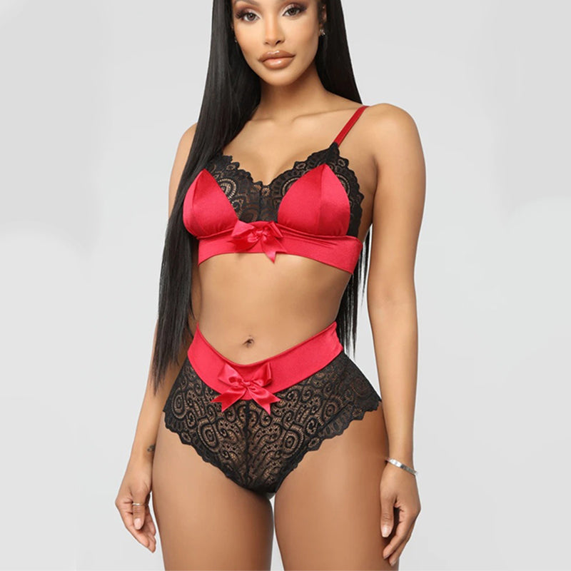 Hot Sell Quality Silk Seamless Lingerie Set Women Lace Bowknot Push Up Bra And Panty Set Sexy V Neck Erotic Underwear Brief Sets