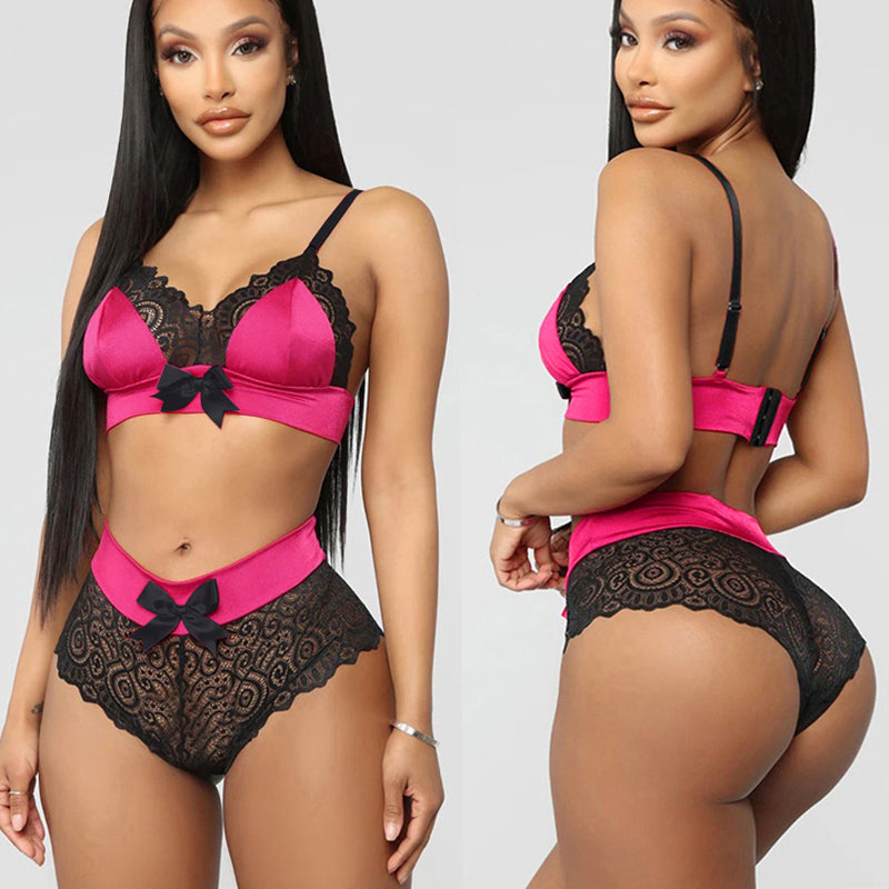 Hot Sell Quality Silk Seamless Lingerie Set Women Lace Bowknot Push Up Bra And Panty Set Sexy V Neck Erotic Underwear Brief Sets
