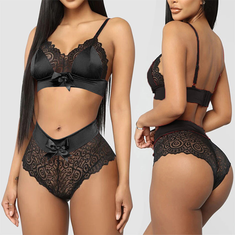 Hot Sell Quality Silk Seamless Lingerie Set Women Lace Bowknot Push Up Bra And Panty Set Sexy V Neck Erotic Underwear Brief Sets