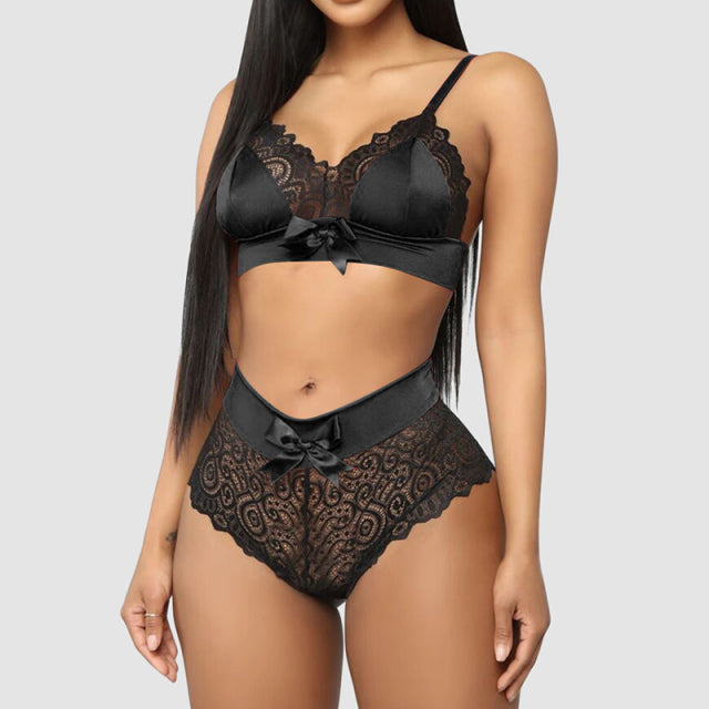 Hot Sell Quality Silk Seamless Lingerie Set Women Lace Bowknot Push Up Bra And Panty Set Sexy V Neck Erotic Underwear Brief Sets
