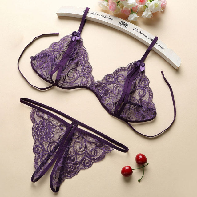 Hot Sell Quality Silk Seamless Lingerie Set Women Lace Bowknot Push Up Bra And Panty Set Sexy V Neck Erotic Underwear Brief Sets