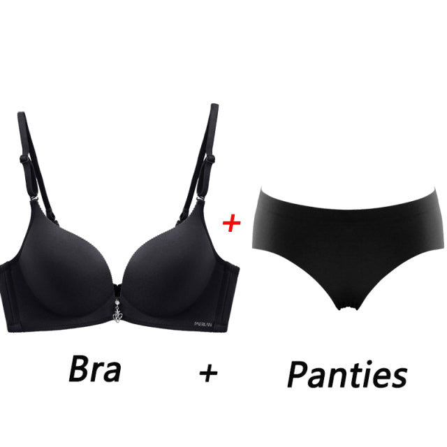 Elovegirl Women underwear Set Sexy Push-up Bra And Panty Sets Wire Free Gather Sexy Bra Back Closure 3/4 Cup Lingerie Set