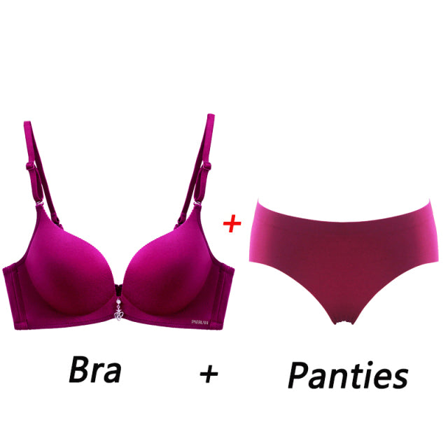 Elovegirl Women underwear Set Sexy Push-up Bra And Panty Sets Wire Free Gather Sexy Bra Back Closure 3/4 Cup Lingerie Set