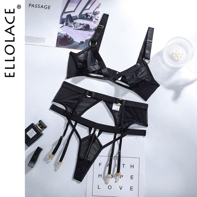 Ellolace Lace Hollow Out Lingerie Sexy 3 Piece Set Wireless Lace Erotic Lingerie Underwear Women Set Sensual Lingerie Sexy