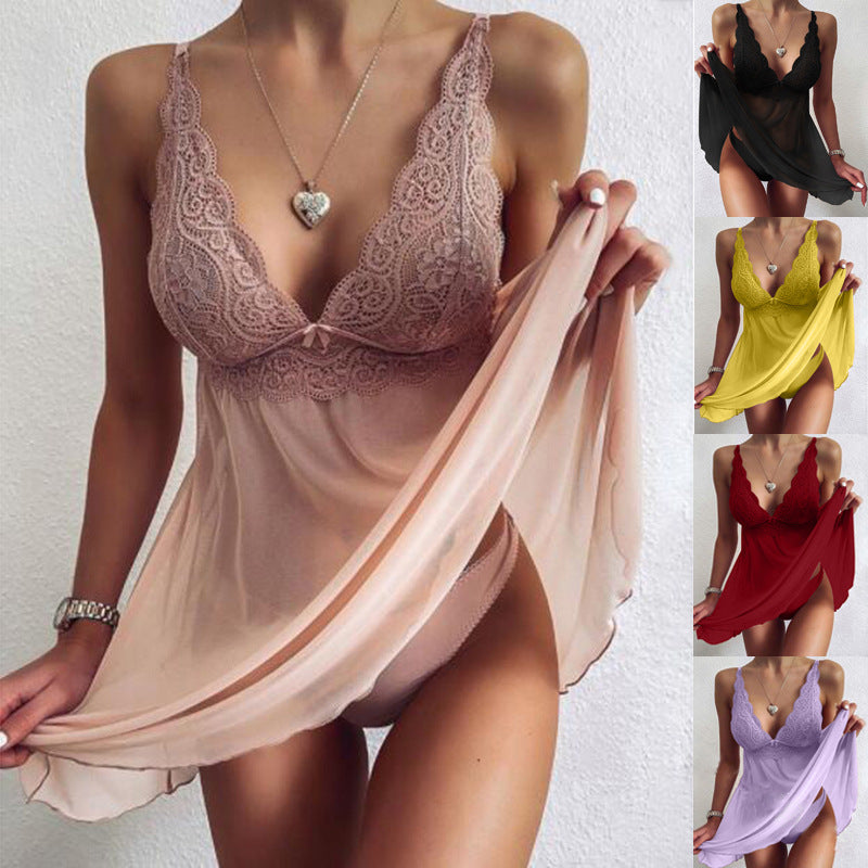 Sexy Women Lingerie V-neck Mesh Lace Dress See-through High Waist XL Lingerie Sexy Lingerie Women Pajamas Nightdress