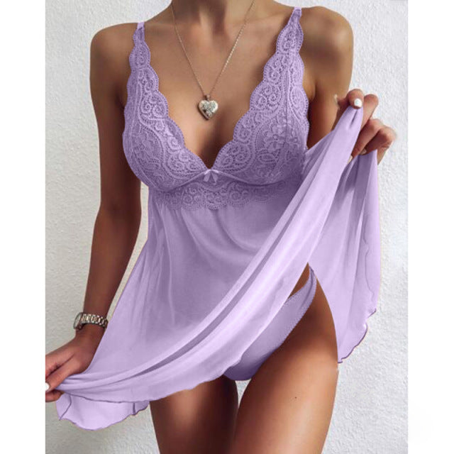 Sexy Women Lingerie V-neck Mesh Lace Dress See-through High Waist XL Lingerie Sexy Lingerie Women Pajamas Nightdress