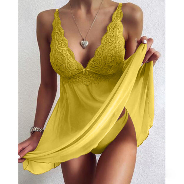Sexy Women Lingerie V-neck Mesh Lace Dress See-through High Waist XL Lingerie Sexy Lingerie Women Pajamas Nightdress