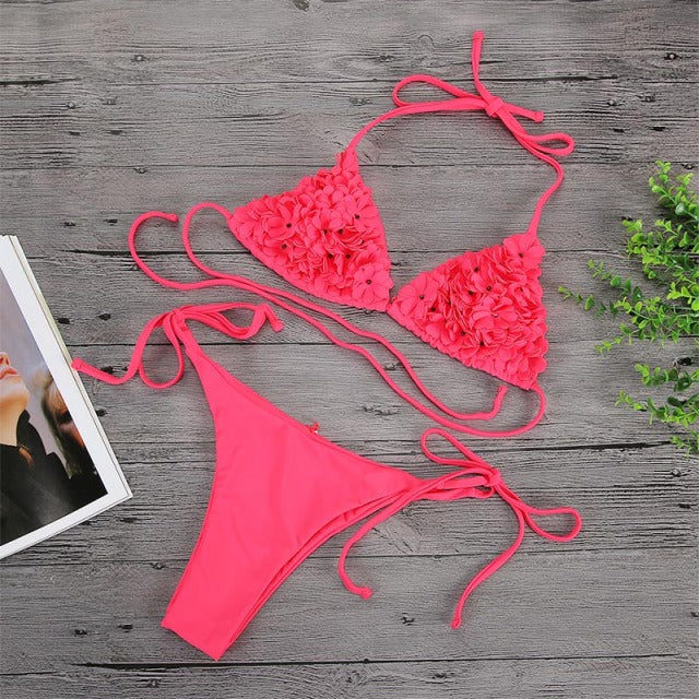 Bikinis 3D Flower Swimwear Solid Bikini Bandage Swimsuit Thong