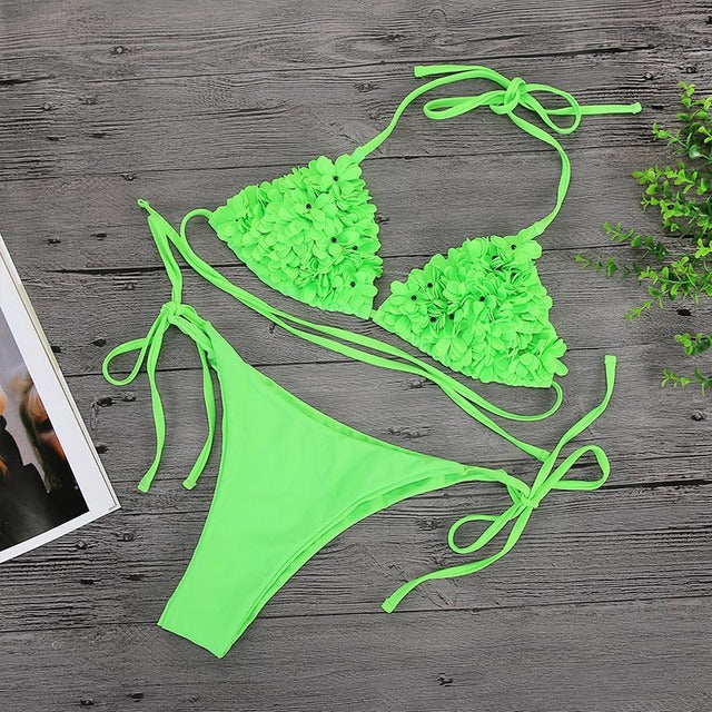 Bikinis 3D Flower Swimwear Solid Bikini Bandage Swimsuit Thong