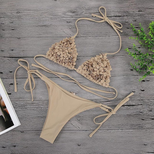Bikinis 3D Flower Swimwear Solid Bikini Bandage Swimsuit Thong