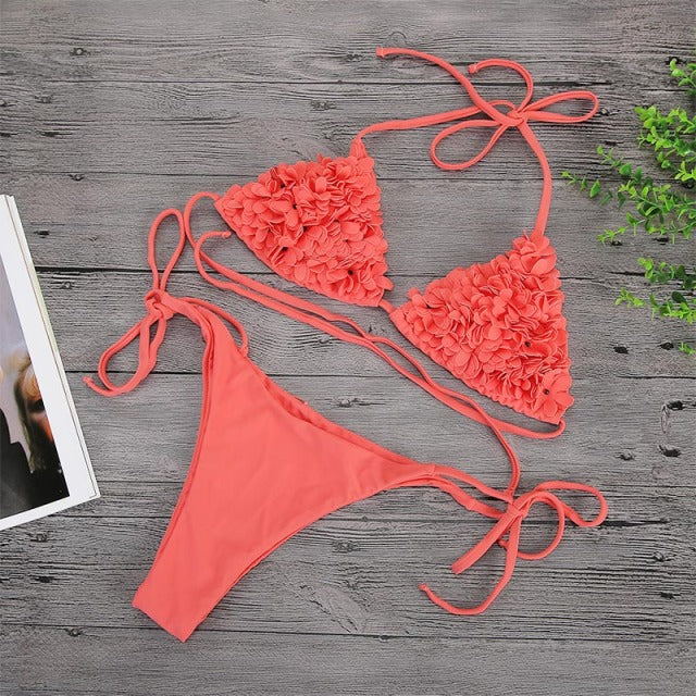 Bikinis 3D Flower Swimwear Solid Bikini Bandage Swimsuit Thong