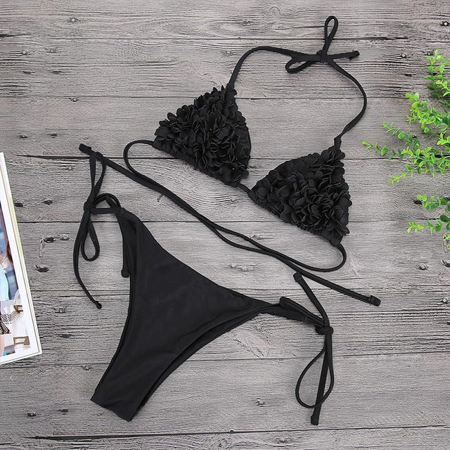 Bikinis 3D Flower Swimwear Solid Bikini Bandage Swimsuit Thong