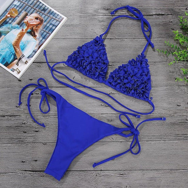 Bikinis 3D Flower Swimwear Solid Bikini Bandage Swimsuit Thong