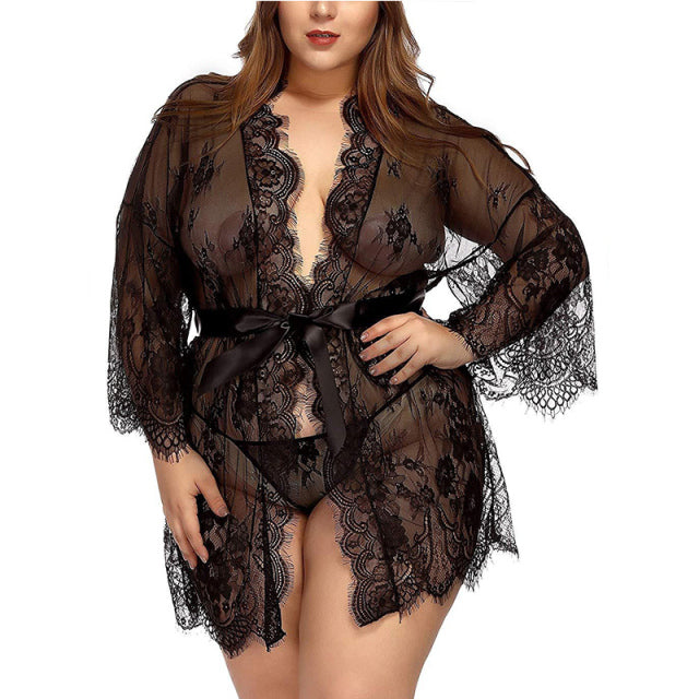 Women Eyelash Lace Large Lingerie Set Mesh Nightwear Sets Sheer Nightgown Tops Nightgown Costume Plus Size nightdress