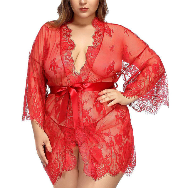 Women Eyelash Lace Large Lingerie Set Mesh Nightwear Sets Sheer Nightgown Tops Nightgown Costume Plus Size nightdress