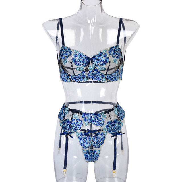 Ladies Sexy Embroidered Lingerie Set Lace Bow Adjustable Shoulder Straps Push-up Bra Erotic Lingerie Sexy Exotic Lingerie