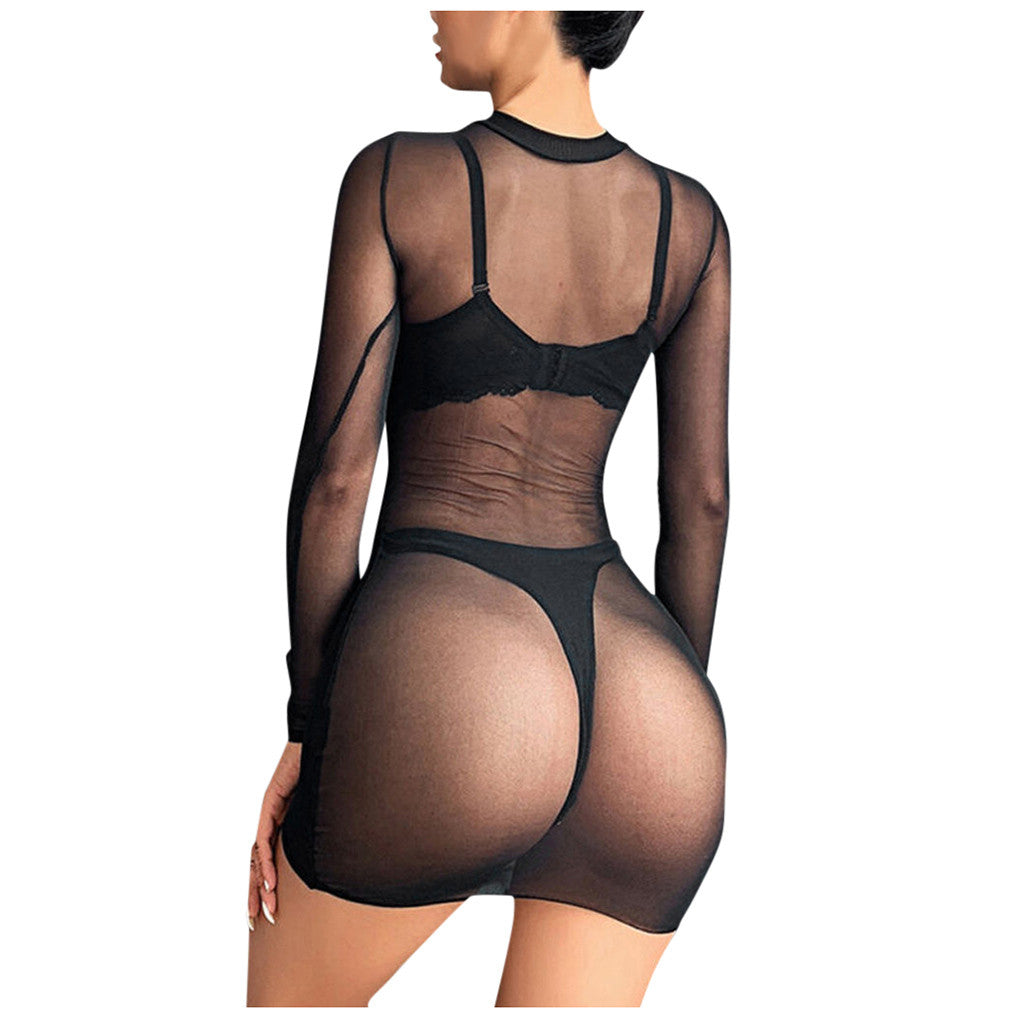 Sexy Women See-through Mesh Long-sleeved Crop Top Dress Thin See-through Nightclub Tight-fitting Skirt Sexy Lingerie