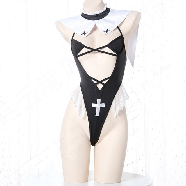 Sexy Lingerie Hot Bodysuit for Woman Maid Uniform Nun Cosplay Role Play Costumes Bikini Top Hollow Ultra Short Clothing
