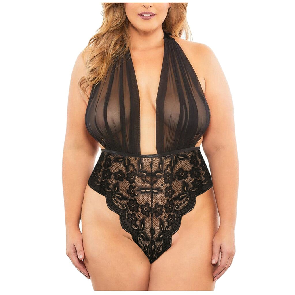 Women Lace V-neck Bodysuit Backless Jumpsuit Sexy Porno Lingerie Solid Color Splicing Embroidery Transparent Erotic Underwear