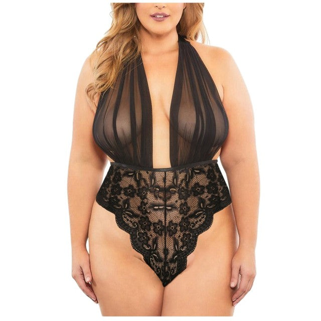 Women Lace V-neck Bodysuit Backless Jumpsuit Sexy Porno Lingerie Solid Color Splicing Embroidery Transparent Erotic Underwear