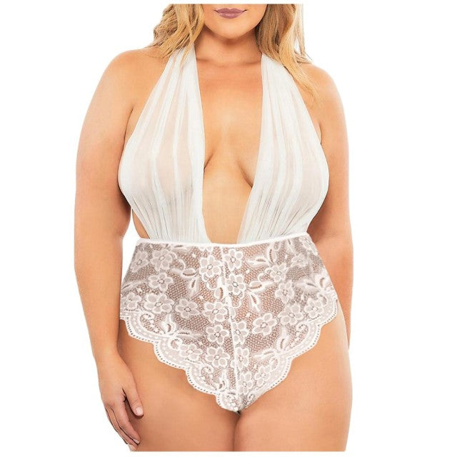 Women Lace V-neck Bodysuit Backless Jumpsuit Sexy Porno Lingerie Solid Color Splicing Embroidery Transparent Erotic Underwear