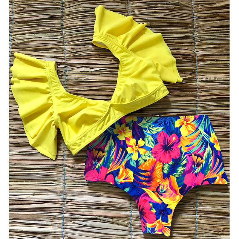 High Waist Ruffled Bikini Set Sexy Flounce Biquini Swimwear Women Two Pieces Swimsuit Floral Beachwear V-neck Bathing Suit