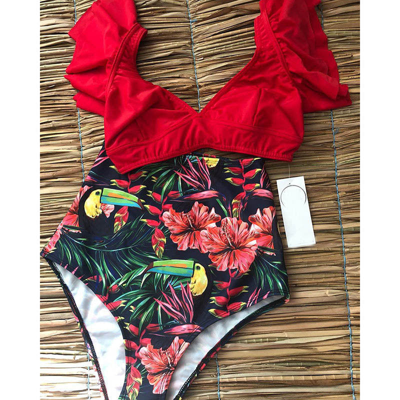 High Waist Ruffled Bikini Set Sexy Flounce Biquini Swimwear Women Two Pieces Swimsuit Floral Beachwear V-neck Bathing Suit