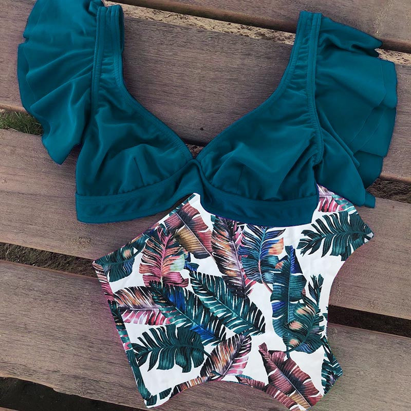 High Waist Ruffled Bikini Set Sexy Flounce Biquini Swimwear Women Two Pieces Swimsuit Floral Beachwear V-neck Bathing Suit